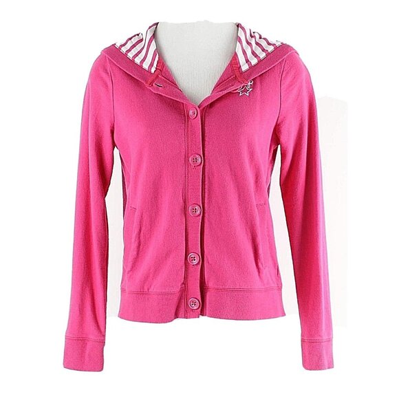 Gap Kids Sz XL 12 Pink White Striped Hooded Cotton French Terry Jacket - Picture 2 of 7
